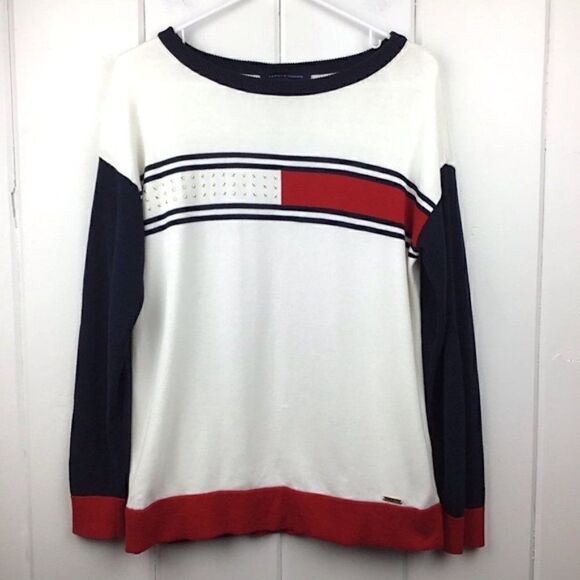 Tommy Hilfiger Sweater, Red Blue Logo Sweater w/Stars - S - Picture 1 of 7